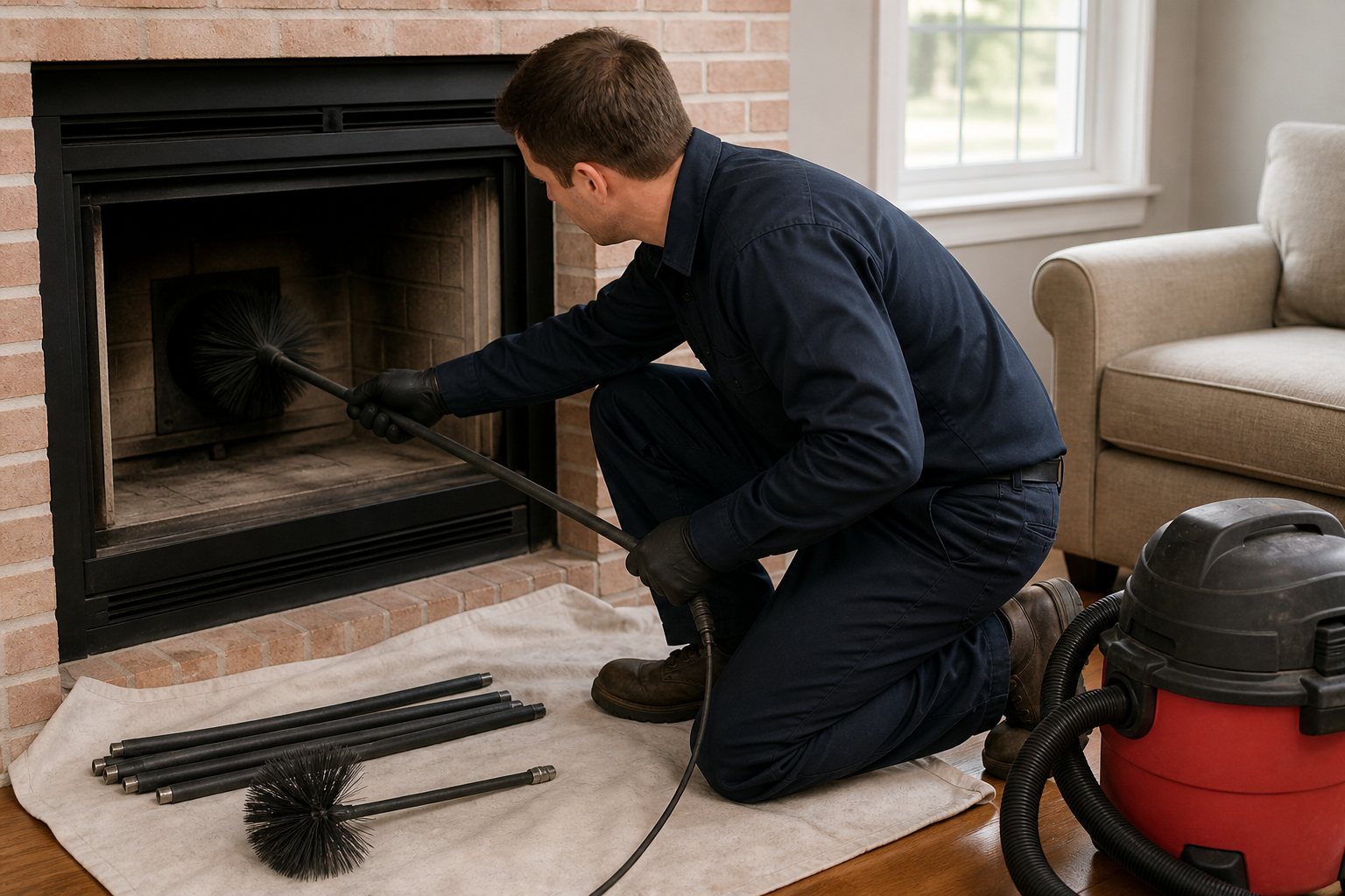 Technician cleaning a residential fireplace with protective floor coverings