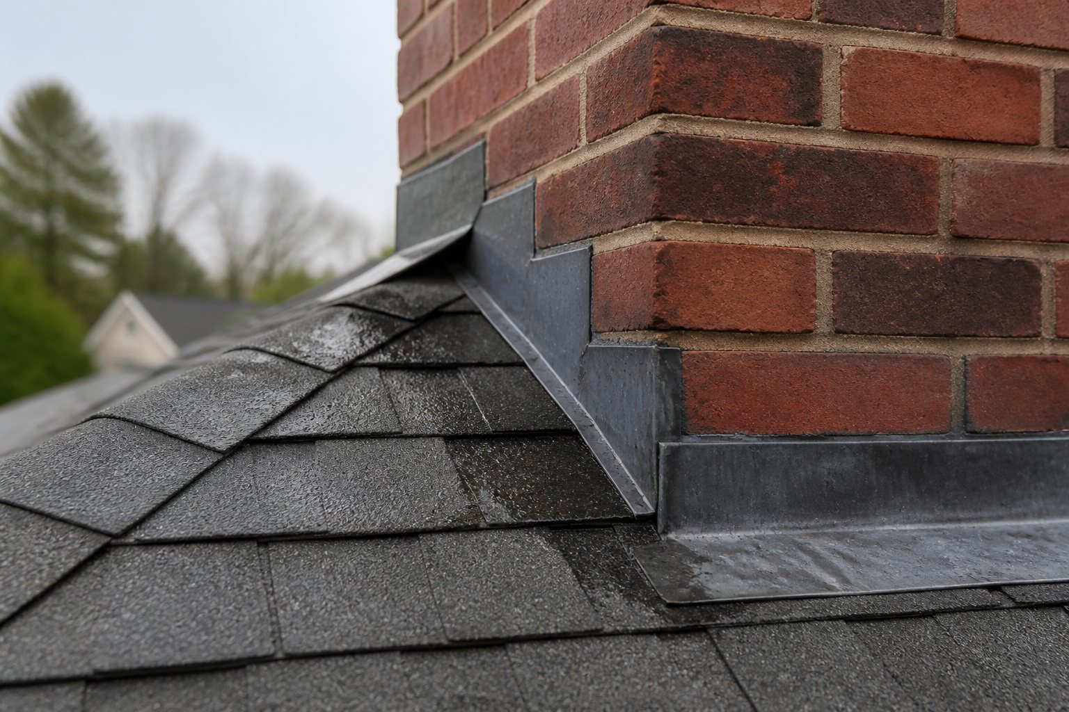 Wet chimney flashing and roof shingles after light rain