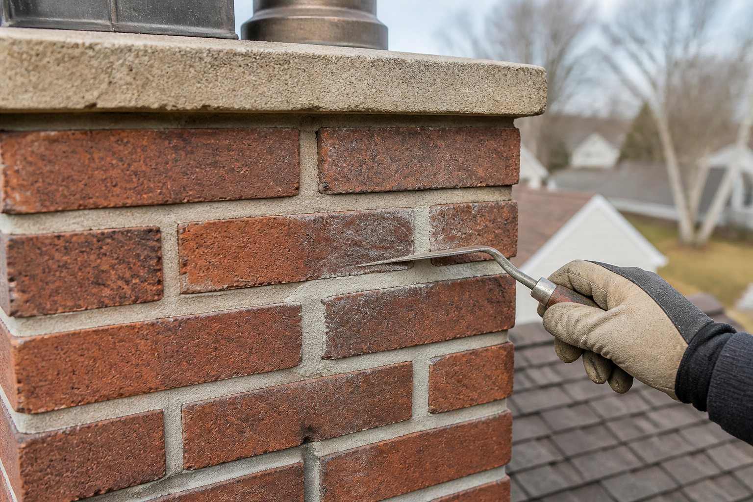 Chimney mortar joint being repaired with a masonry pointing tool