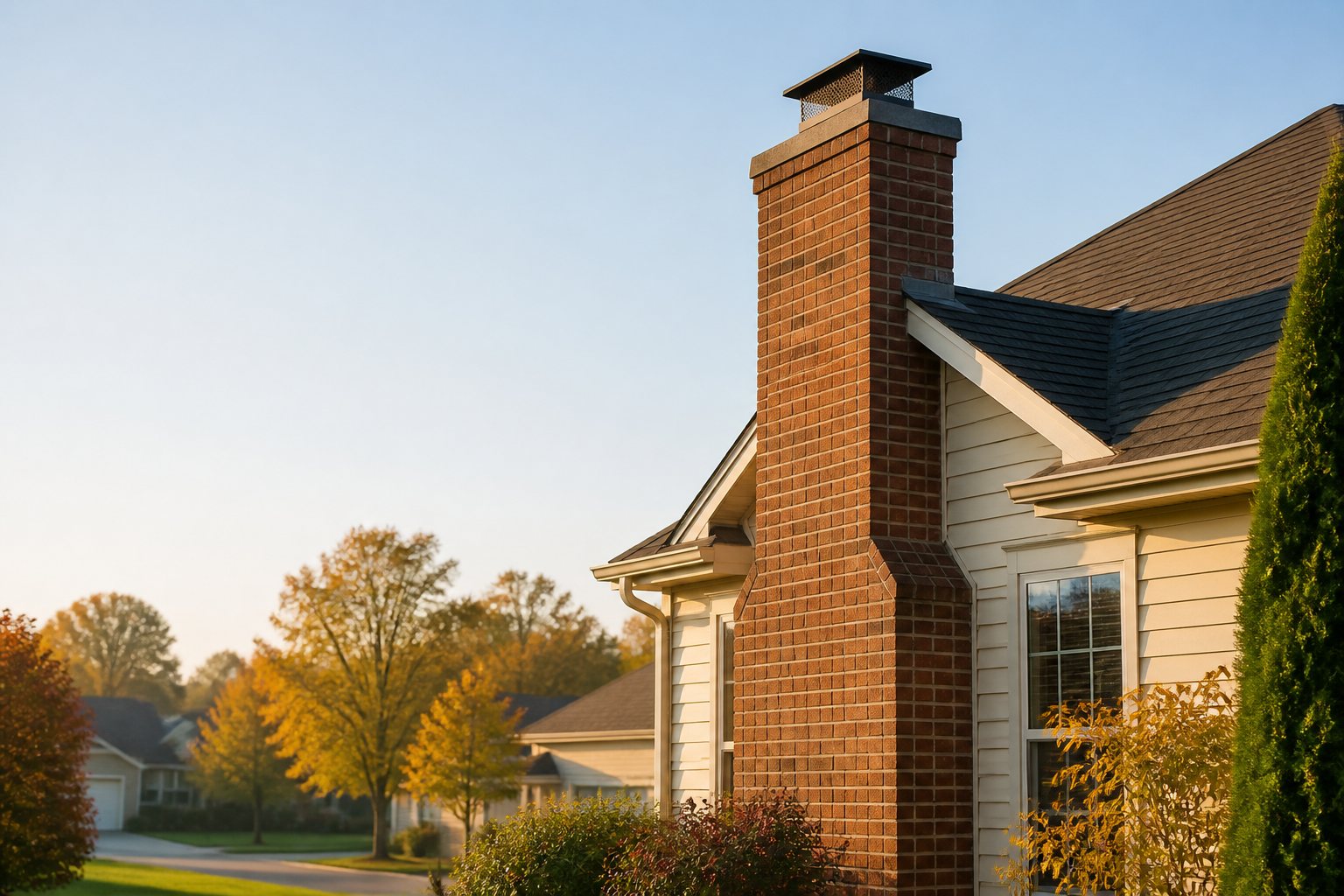 Brick chimney on a Dayton-area home in autumn